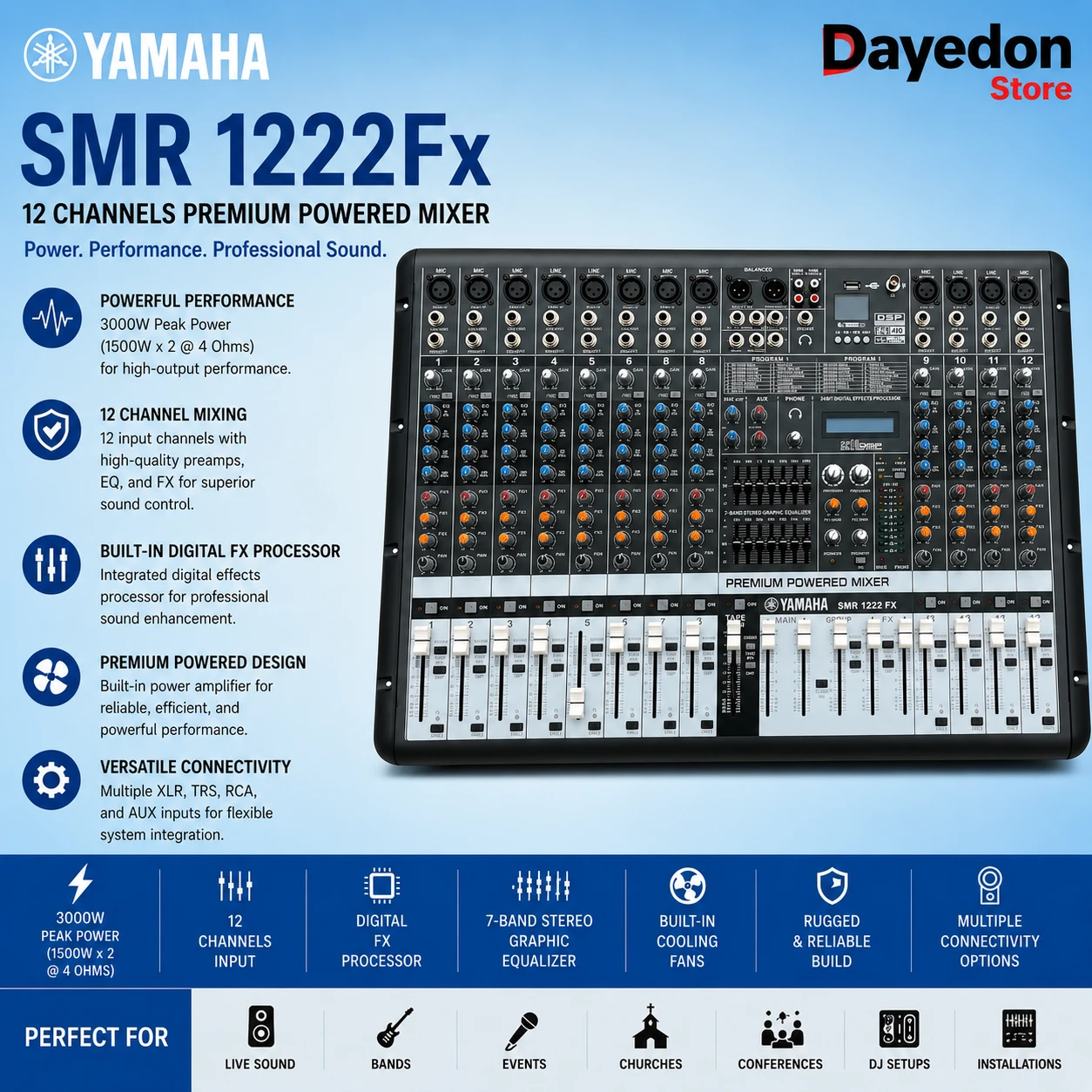 Yamaha SMR 1222 Fx 12 channels heavy-duty powered mixer